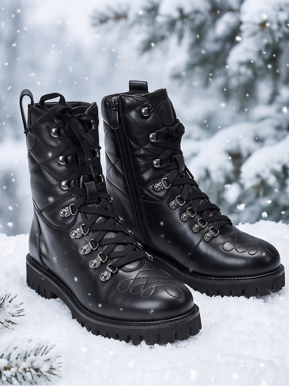 Alessandro Di Maria Women’s Quilted Lace-Up soft Leather Combat Boots - Black